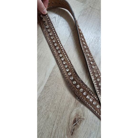 Nocona Calf Hair Leather Rhinestone Glam Belt Silver Tone Hardware sz 44 Western
